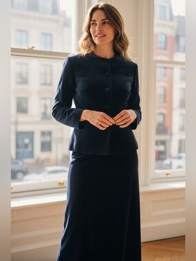 AH AUSTIN HILL NAVY VELVET 70s 2PC JACKET & MAXI SKIRT QUIET  LUXURY SZ 10